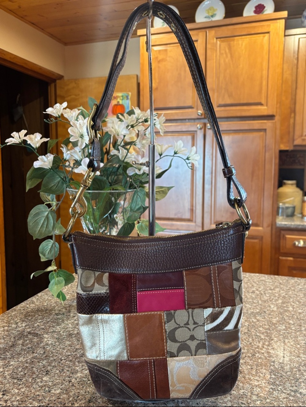 Coach Patchwork Shoulder or Crossbody Bag - Suede Brown, Tan, Metallic, Pink - Picture 5 of 16